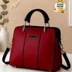Black Leather Handbag with Belt for Women