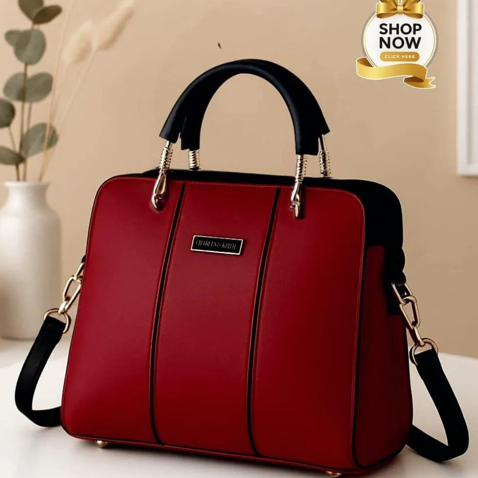 Black Leather Handbag with Belt for Women