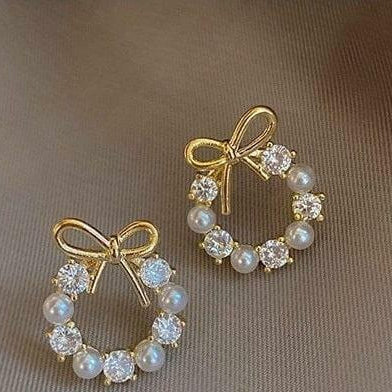 Golden Bow Earrings for Women with Crystals & Pearls