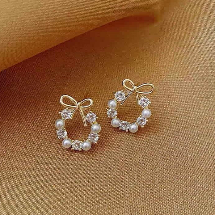 Golden Bow Earrings for Women with Crystals & Pearls