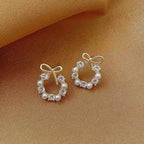 Golden Bow Earrings for Women with Crystals & Pearls