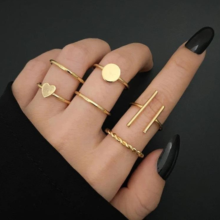 Modern Gold Plated Rings Set 6 Pcs Adjustable Fashion Jewelry