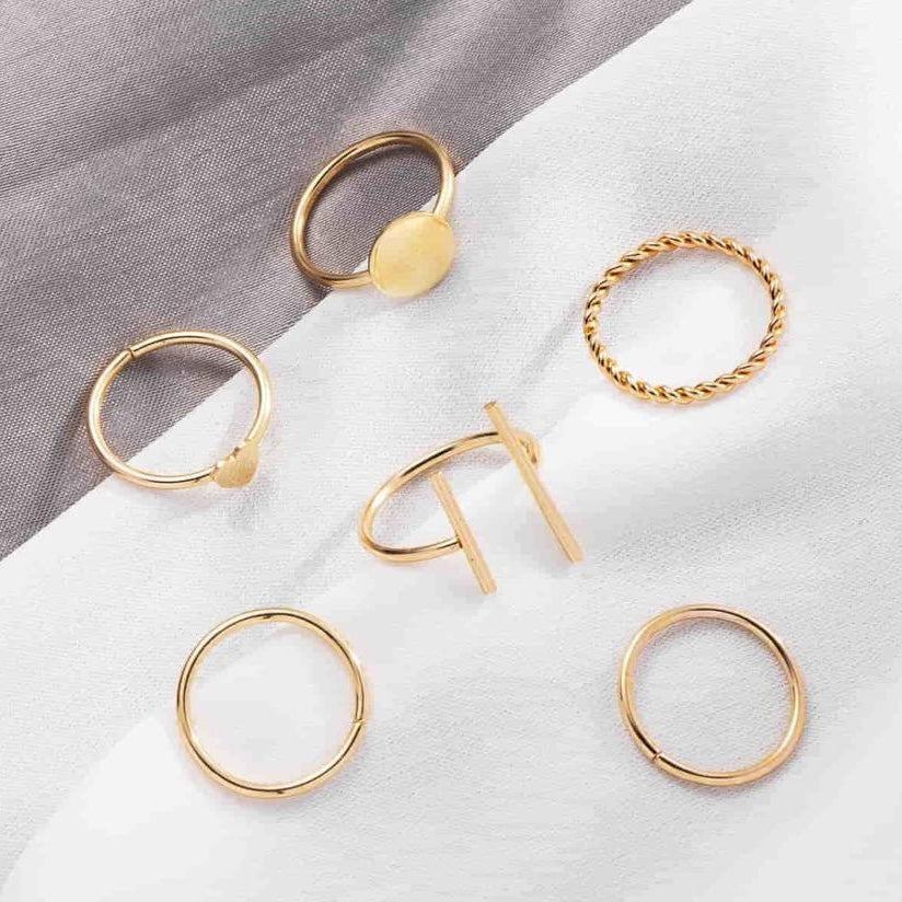 Modern Gold Plated Rings Set 6 Pcs Adjustable Fashion Jewelry