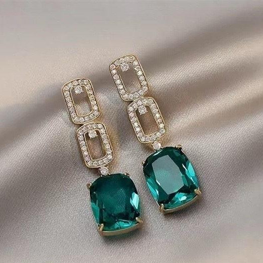 Modern Square Earrings Green Gemstones Alloy Pakistani Women
