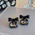 Black Bow Stud Earrings Crystal Base Lightweight Party Wear