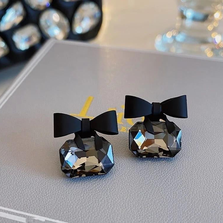 Black Bow Stud Earrings Crystal Base Lightweight Party Wear