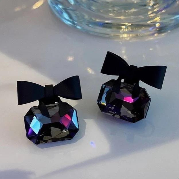 Black Bow Stud Earrings Crystal Base Lightweight Party Wear