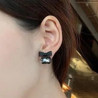 Black Bow Stud Earrings Crystal Base Lightweight Party Wear