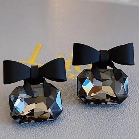 Black Bow Stud Earrings Crystal Base Lightweight Party Wear