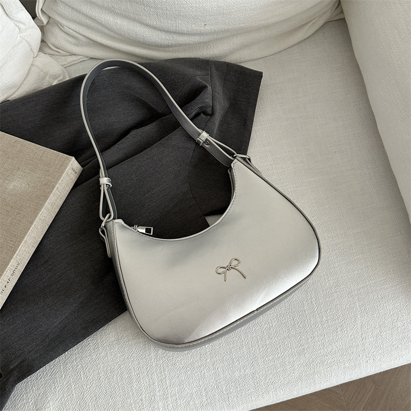 White Crescent Shaped Shoulder Bag with Bow Detail