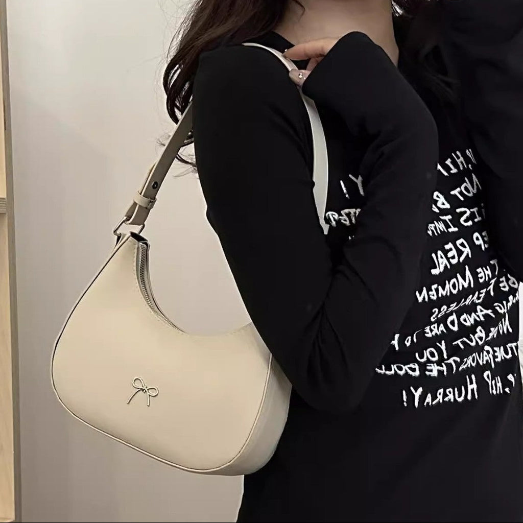 White Crescent Shaped Shoulder Bag with Bow Detail