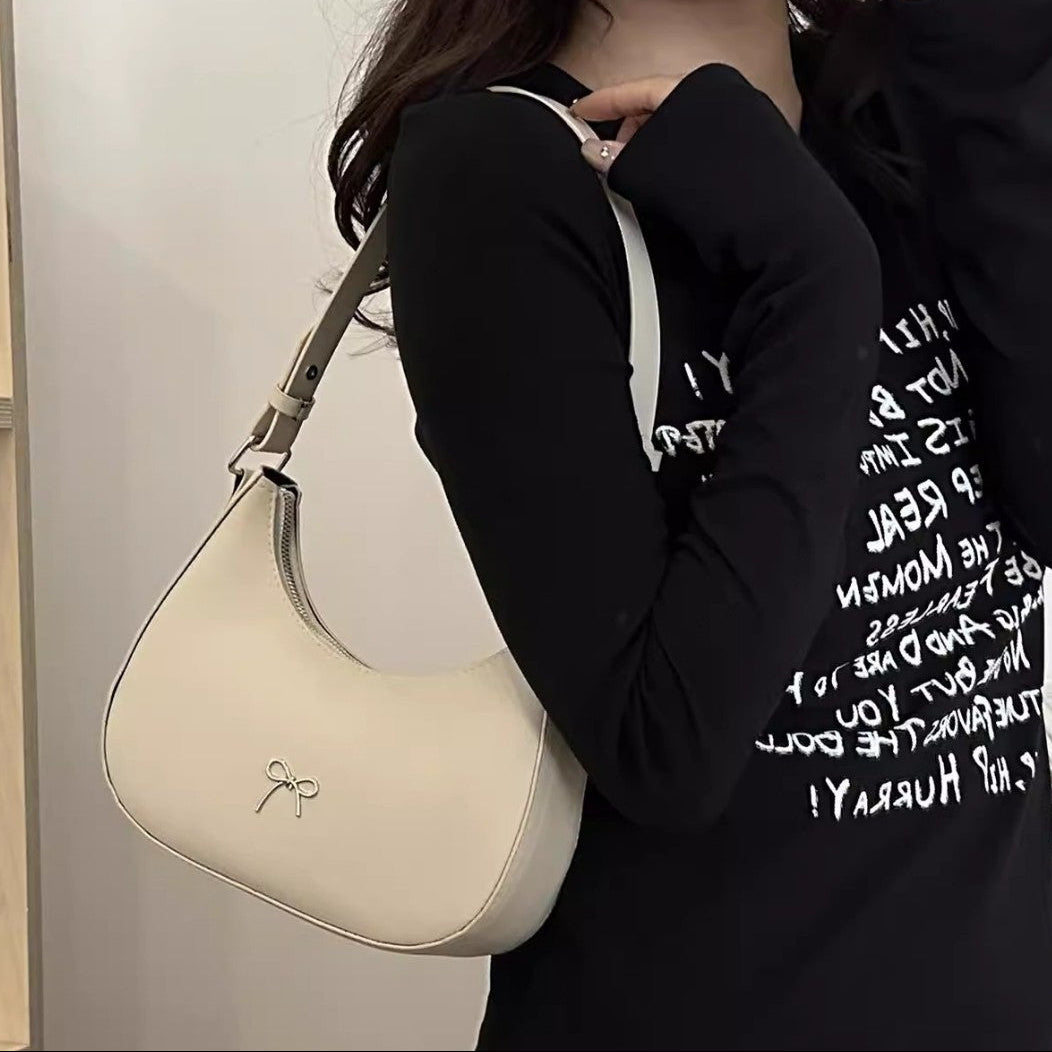 White Crescent Shaped Shoulder Bag with Bow Detail