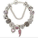 Silver Heart Charm Bracelet with Pink Diamonds for Women
