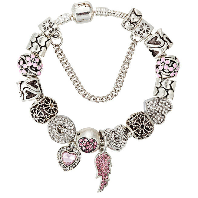 Silver Heart Charm Bracelet with Pink Diamonds for Women