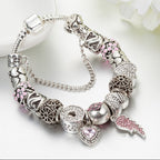 Silver Heart Charm Bracelet with Pink Diamonds for Women