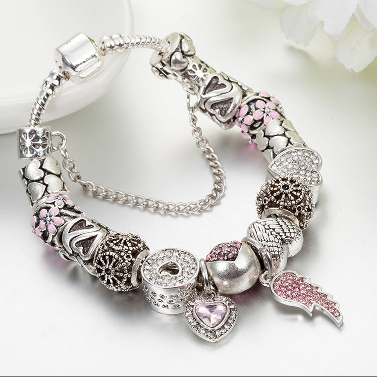 Silver Heart Charm Bracelet with Pink Diamonds for Women