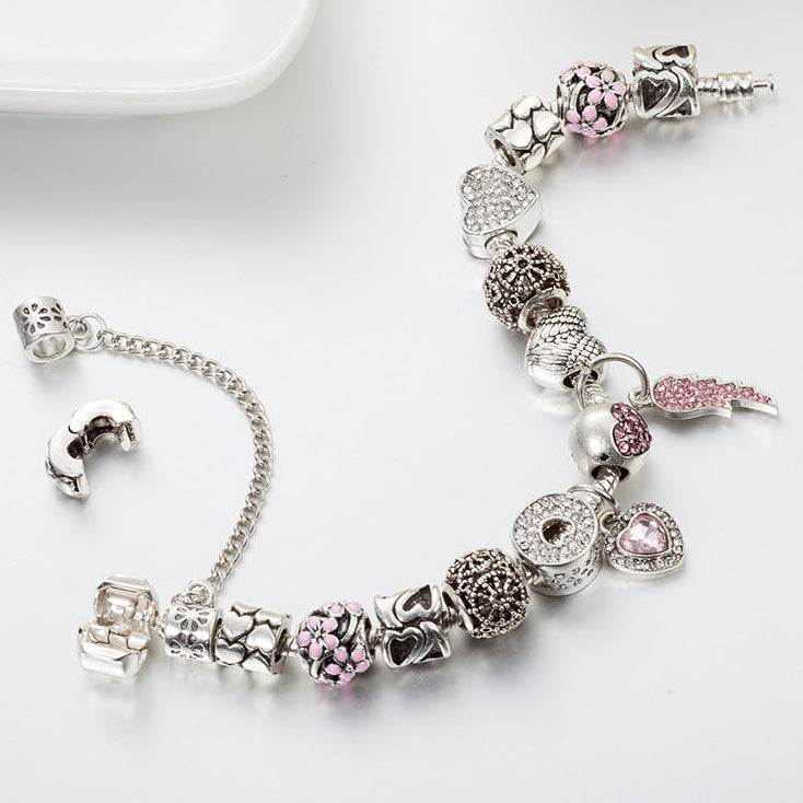 Silver Heart Charm Bracelet with Pink Diamonds for Women