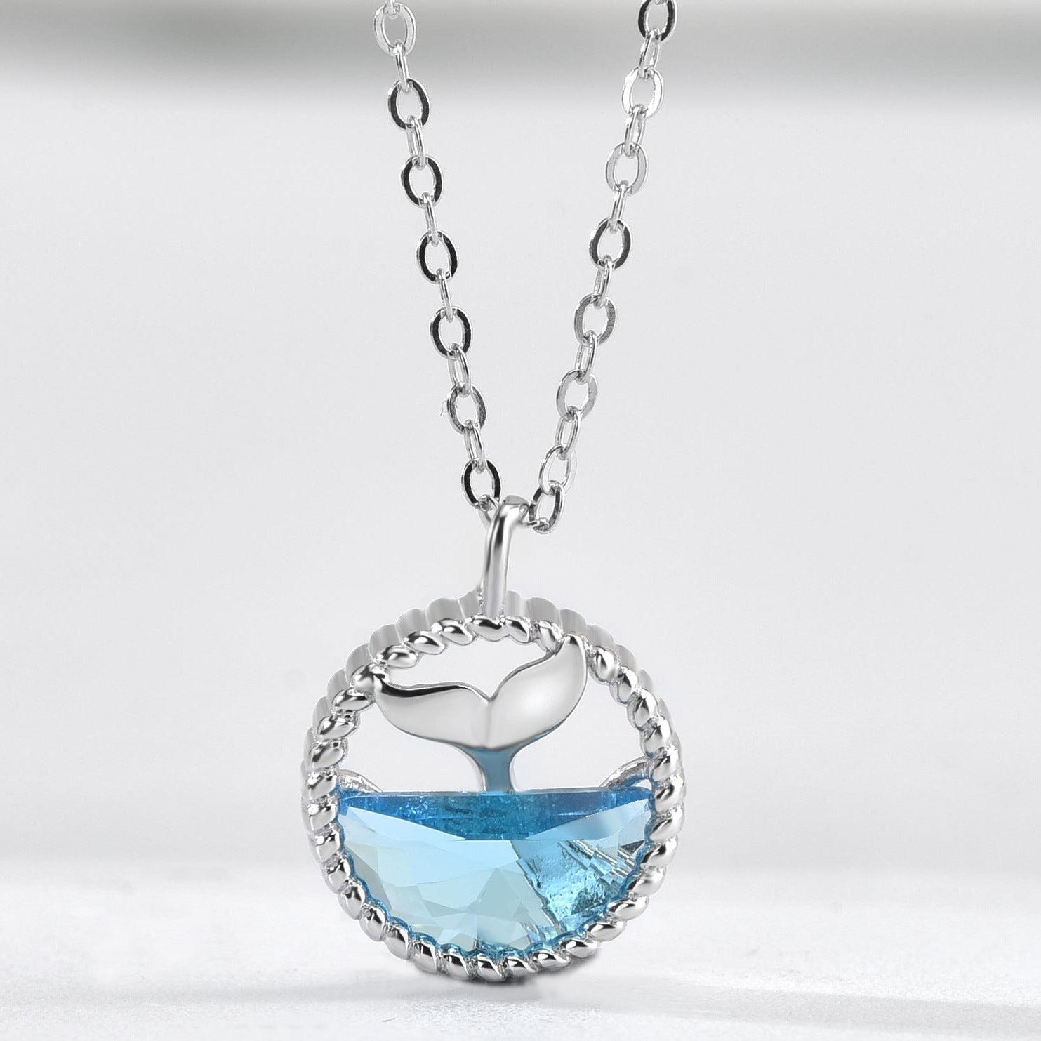 925 Sterling Silver Mermaid Tail Necklace Blue Zirconium Pendant