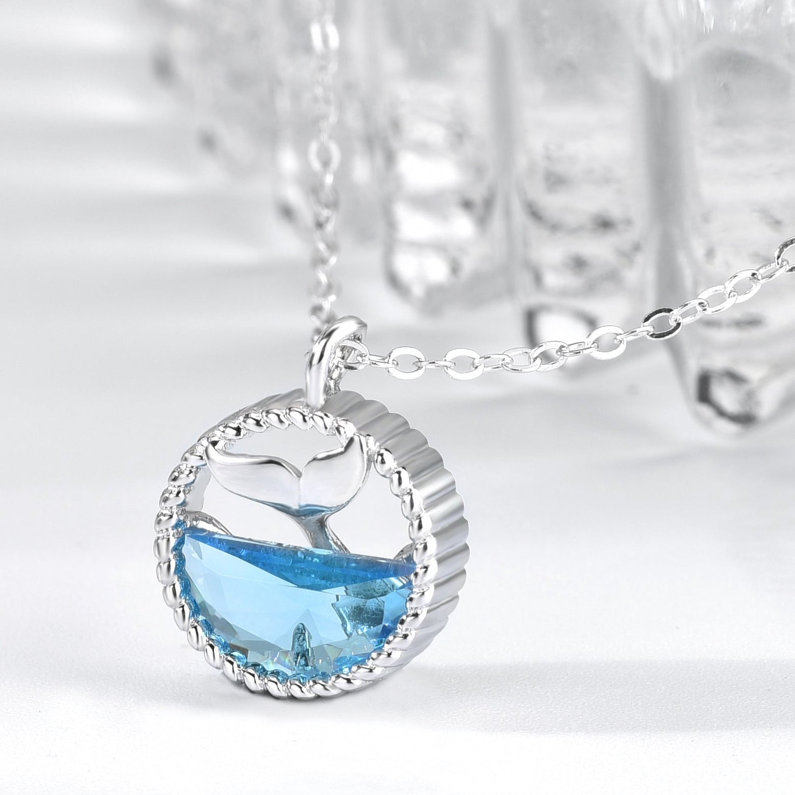 925 Sterling Silver Mermaid Tail Necklace Blue Zirconium Pendant
