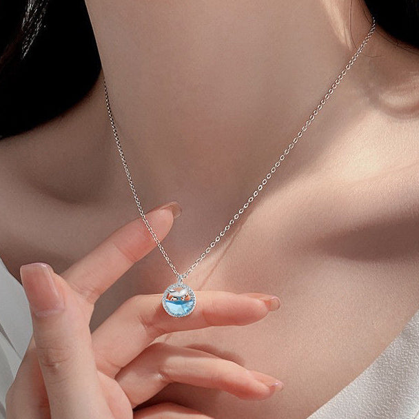 925 Sterling Silver Mermaid Tail Necklace Blue Zirconium Pendant