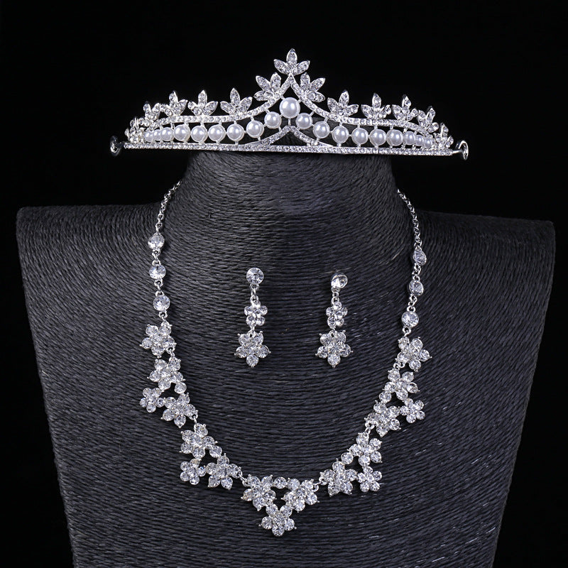 Pakistani Bridal Crown Necklace Earrings Set with Rhinestones