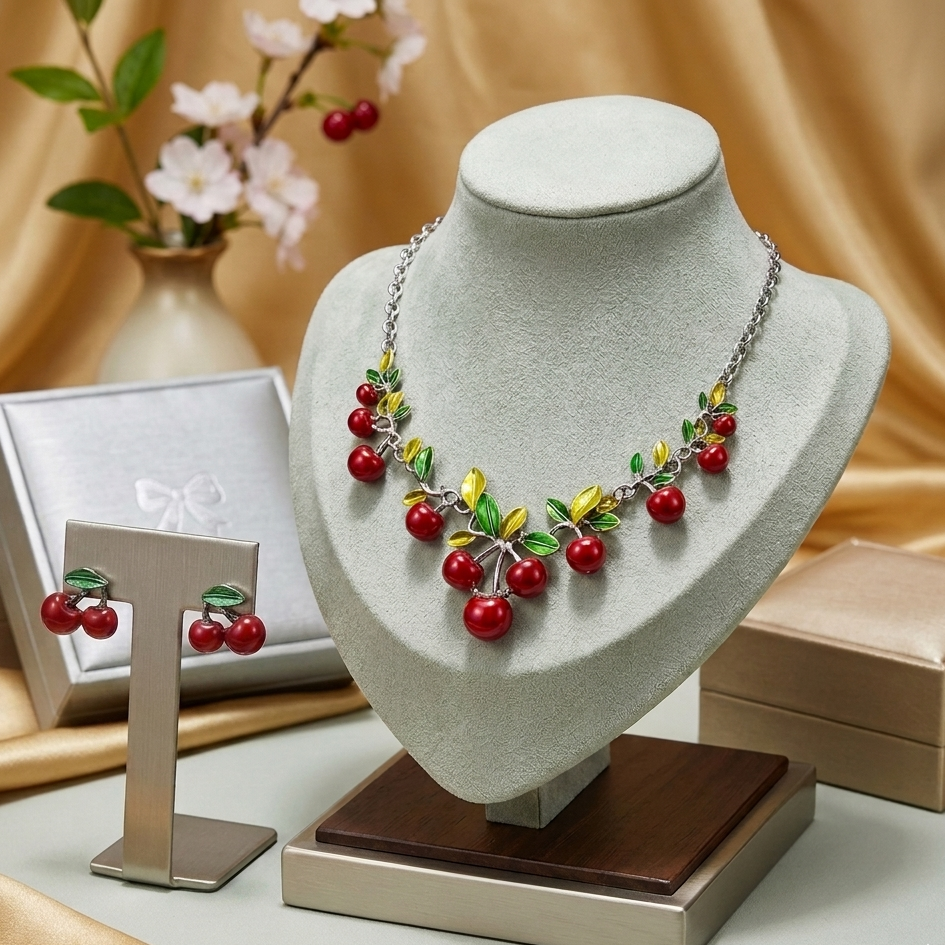 Cherry Necklace Earrings Set for Women